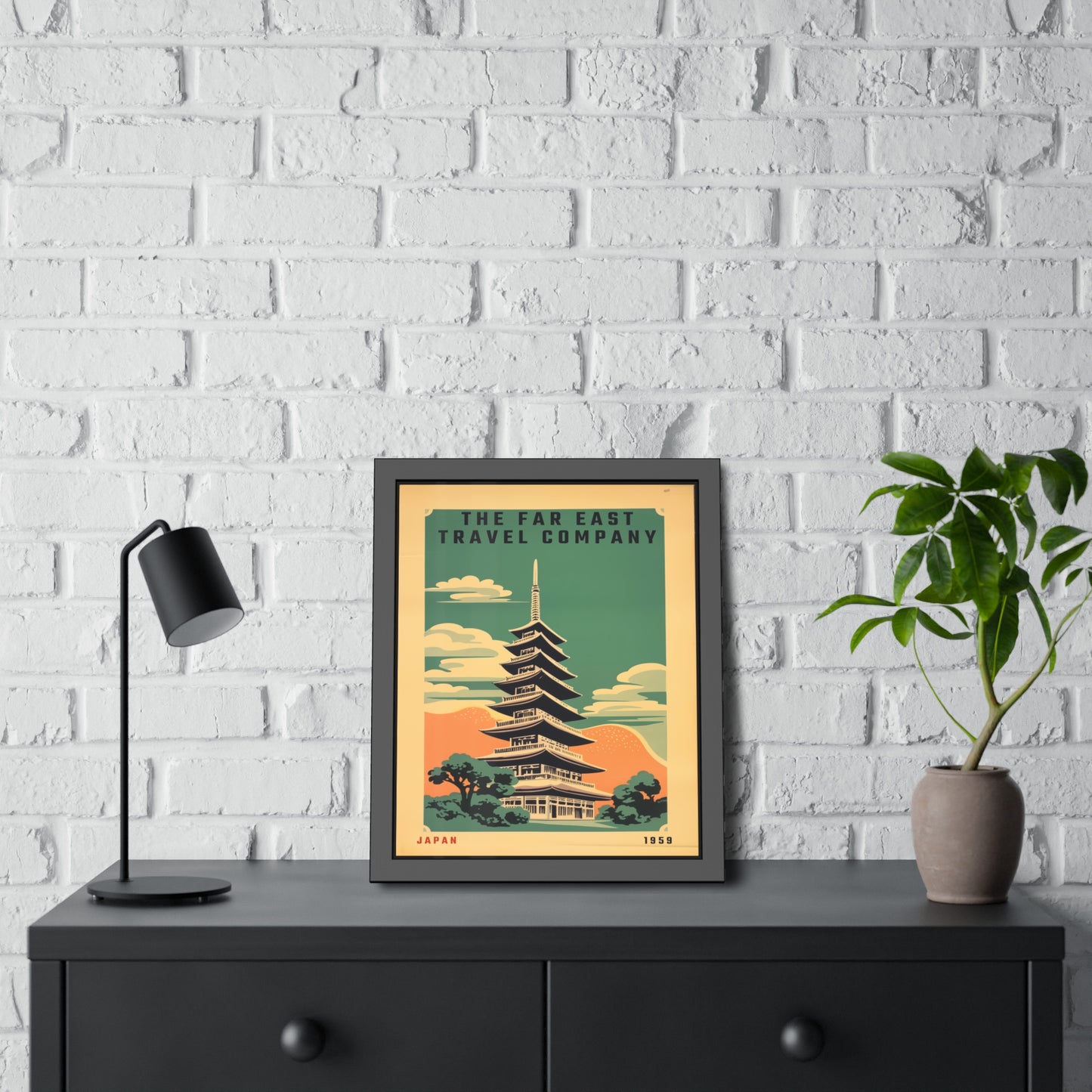 Framed Japan Travel Poster — Vintage Far East Pagoda Wall Art