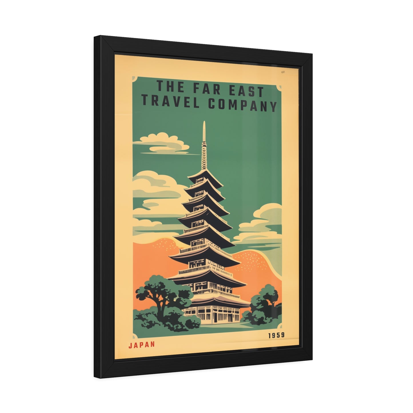 Framed Japan Travel Poster — Vintage Far East Pagoda Wall Art