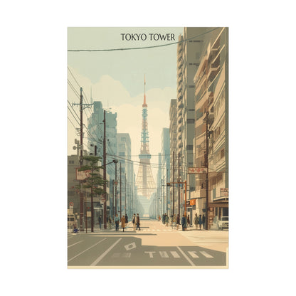 Tokyo Tower Street Scene Matte Canvas Print — Vintage Cityscape Wall Art