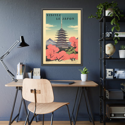 Framed Poster - "Visitez Le Japon" Vintage Travel Art (Cherry Blossom Pagoda)