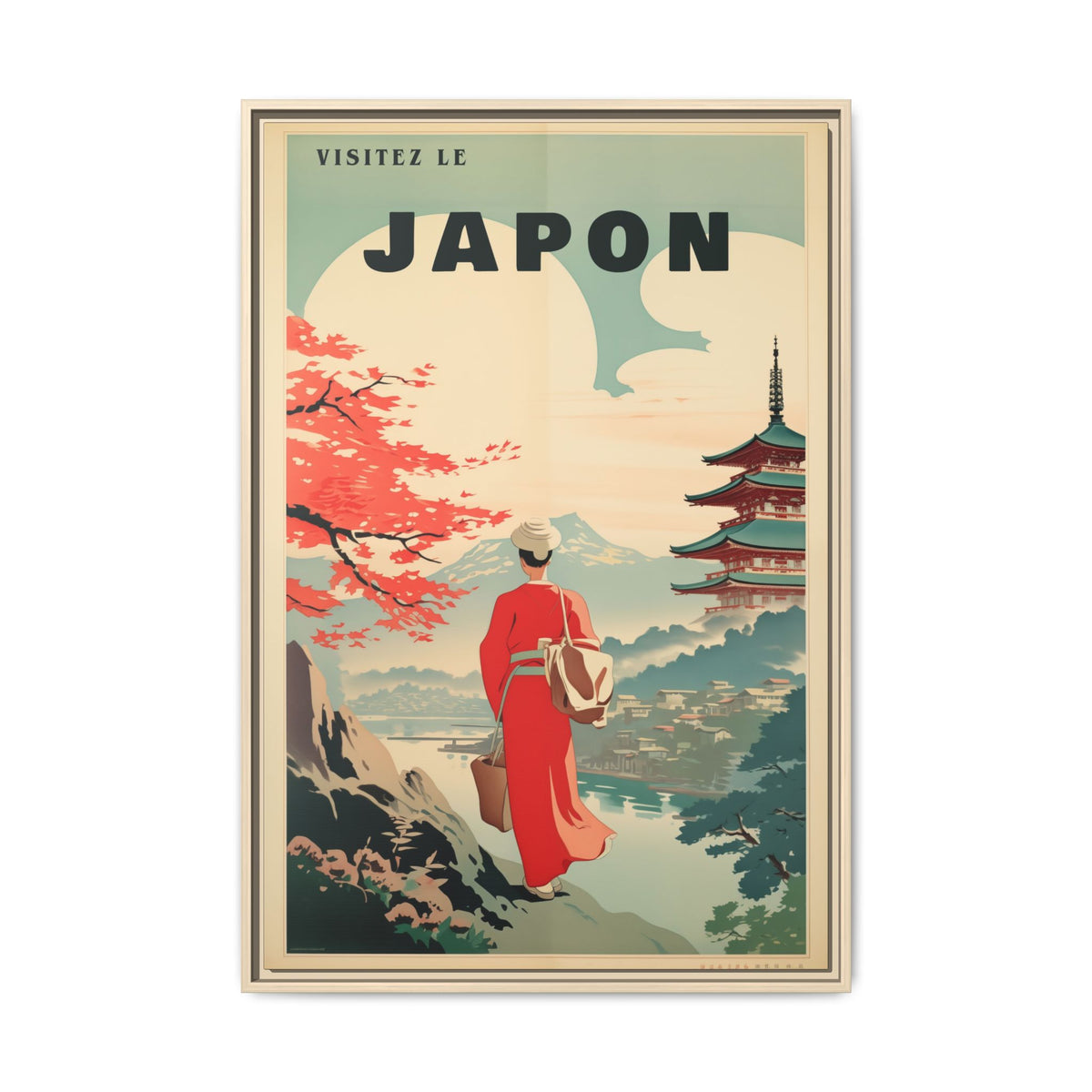 Vintage Visit Japan pagoda and maple artwork, 24 × 36, natural framed canvas, front view