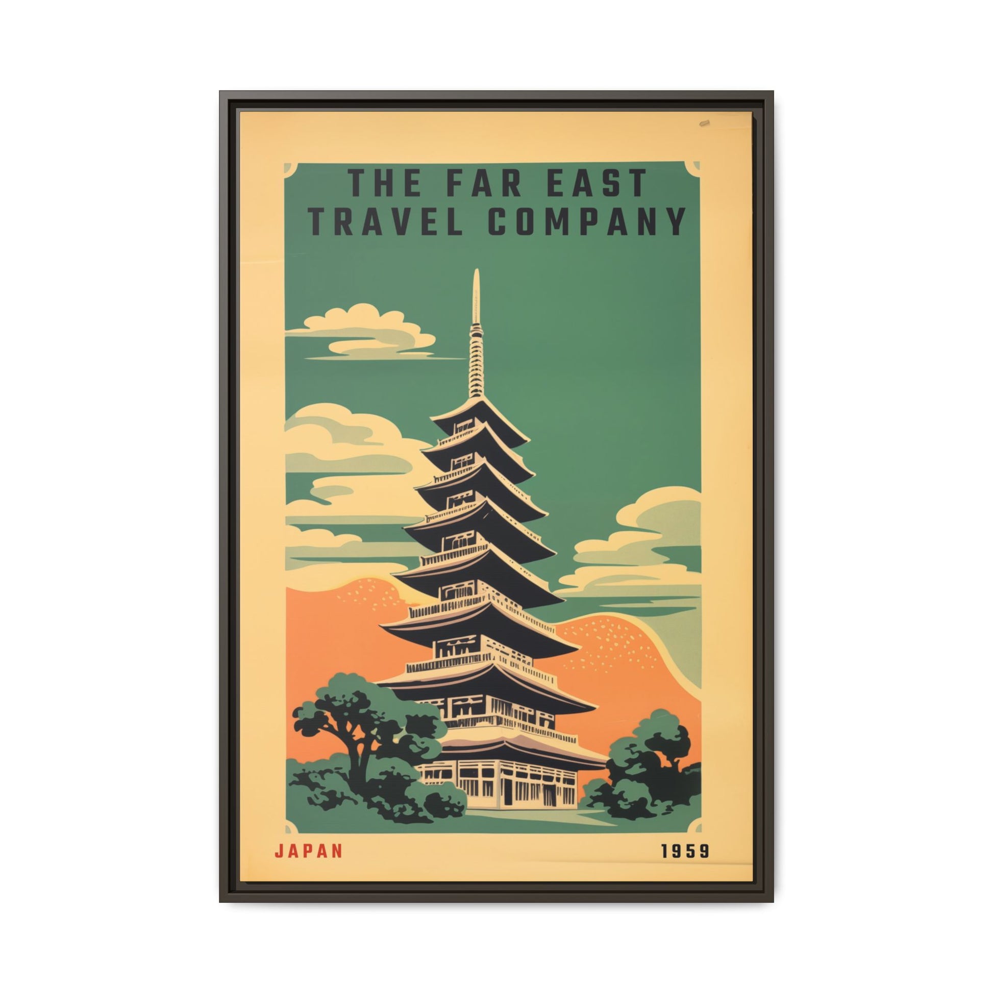 Vintage Far East Travel Company artwork, 24 × 36, espresso framed canvas, front view