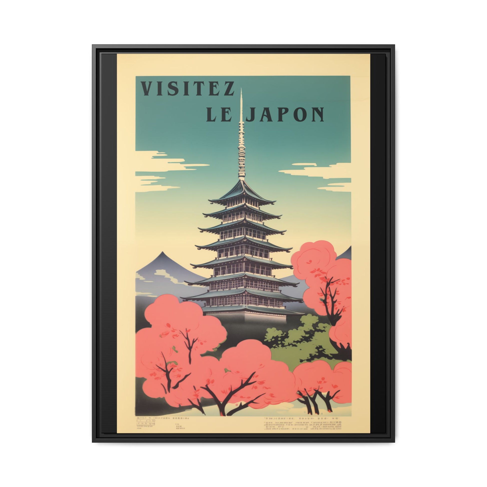 Visitez Le Japon vintage pagoda travel artwork, 30 × 40, black framed canvas, front view