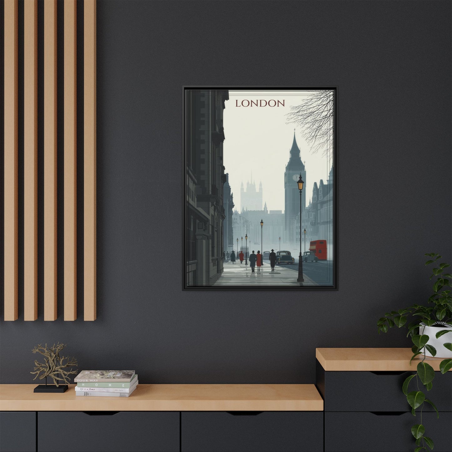 London Street Matte Canvas Print — Framed Vintage Cityscape Wall Art