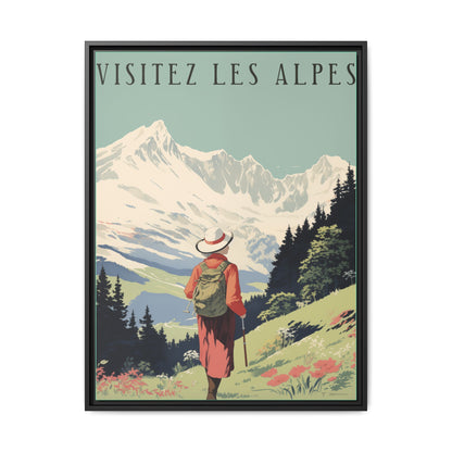 "Visitez Les Alpes(Visit the Alps French) Vintage Travel Poster | Matte Canvas with Black Frame"