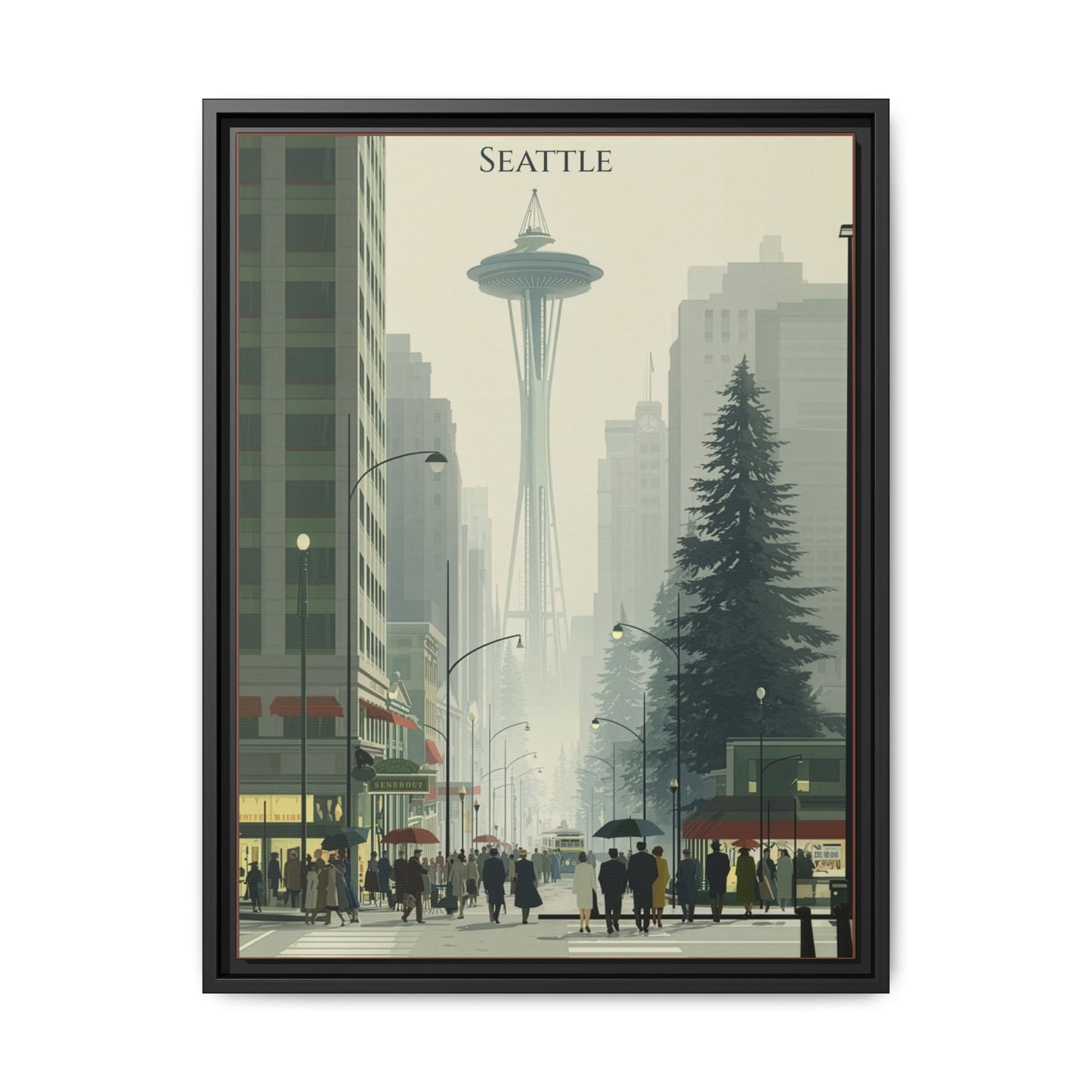 Seattle Space Needle Matte Canvas Print — Framed Vintage Cityscape Wall Art