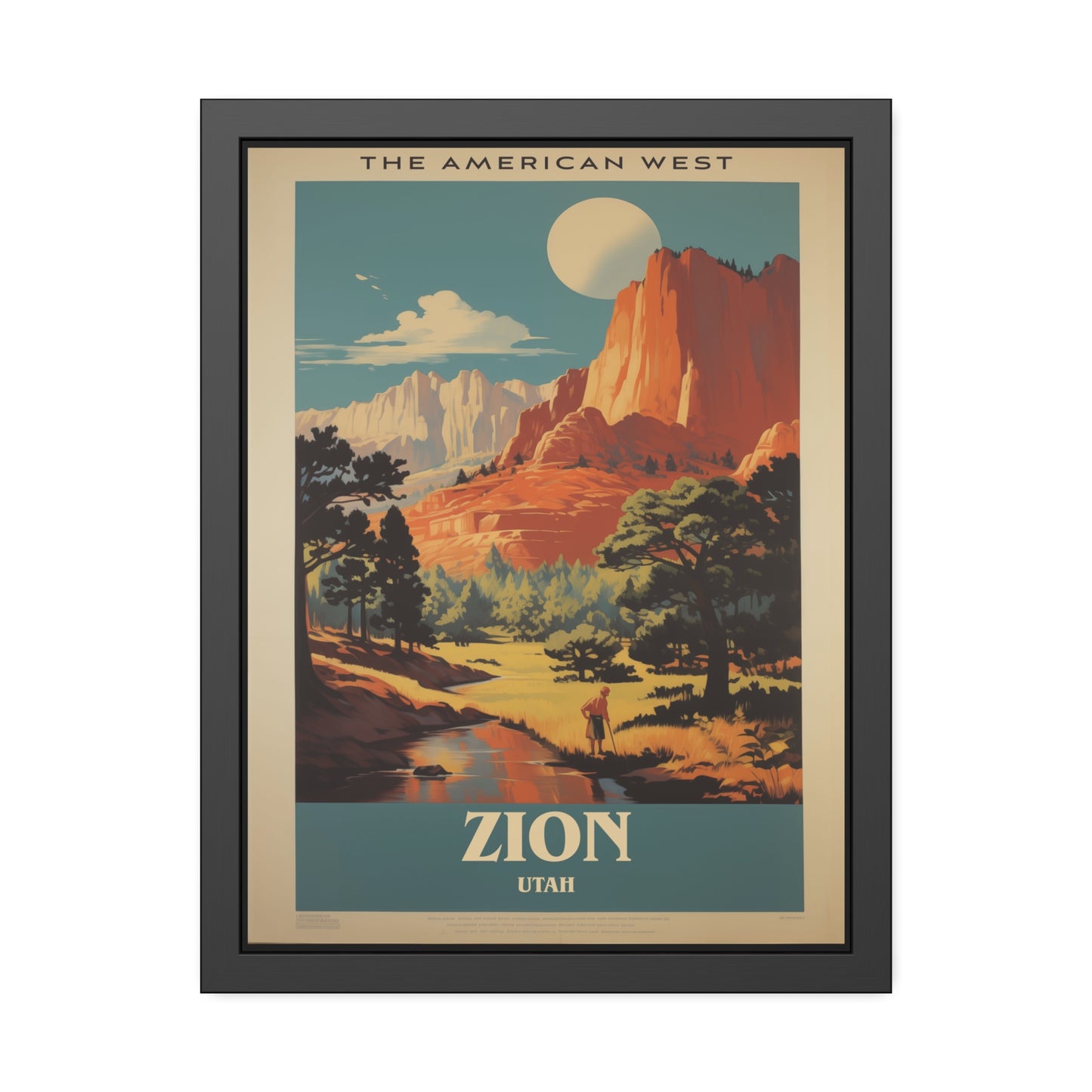 Zion National Park vintage travel artwork, a hiker beside a stream with red rock cliffs and a full moon, framed paper poster