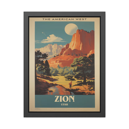 Zion National Park vintage travel artwork, a hiker beside a stream with red rock cliffs and a full moon, framed paper poster
