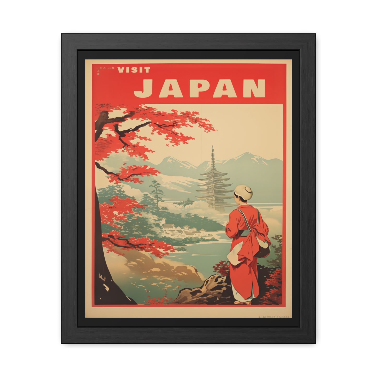 Vintage Japan Travel Poster - 'Visit Japan' Scenic Pagoda View Framed Posters