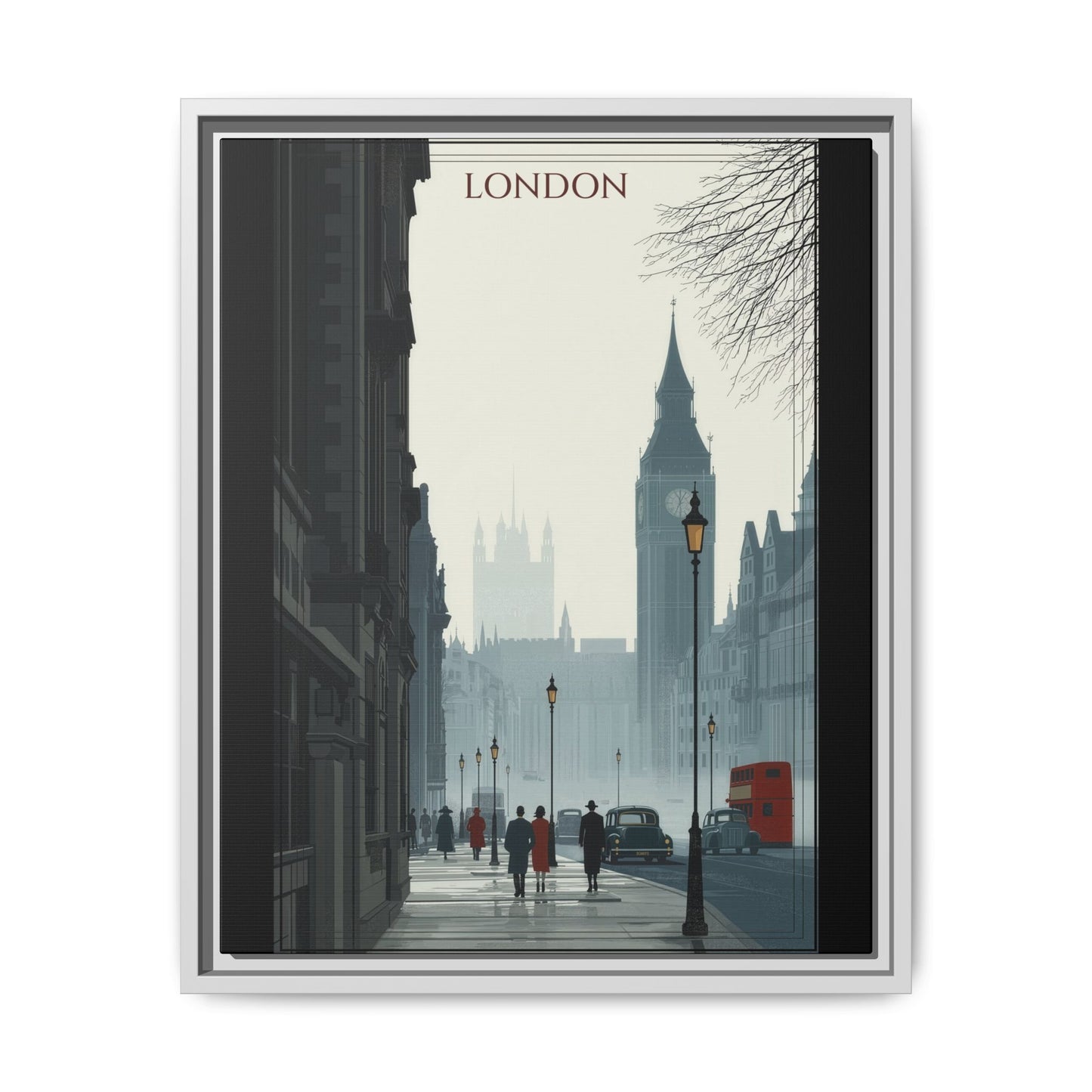 London Street Matte Canvas Print — Framed Vintage Cityscape Wall Art