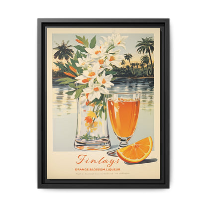 "Finlays Orange Blossom Liqueur Art Print – Tropical Vintage Featuring Florals and Coastal Scenery" Matte Canvas, Black Frame