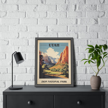 Framed vintage Utah Zion National Park travel art print on a dresser beside a plant and lamp