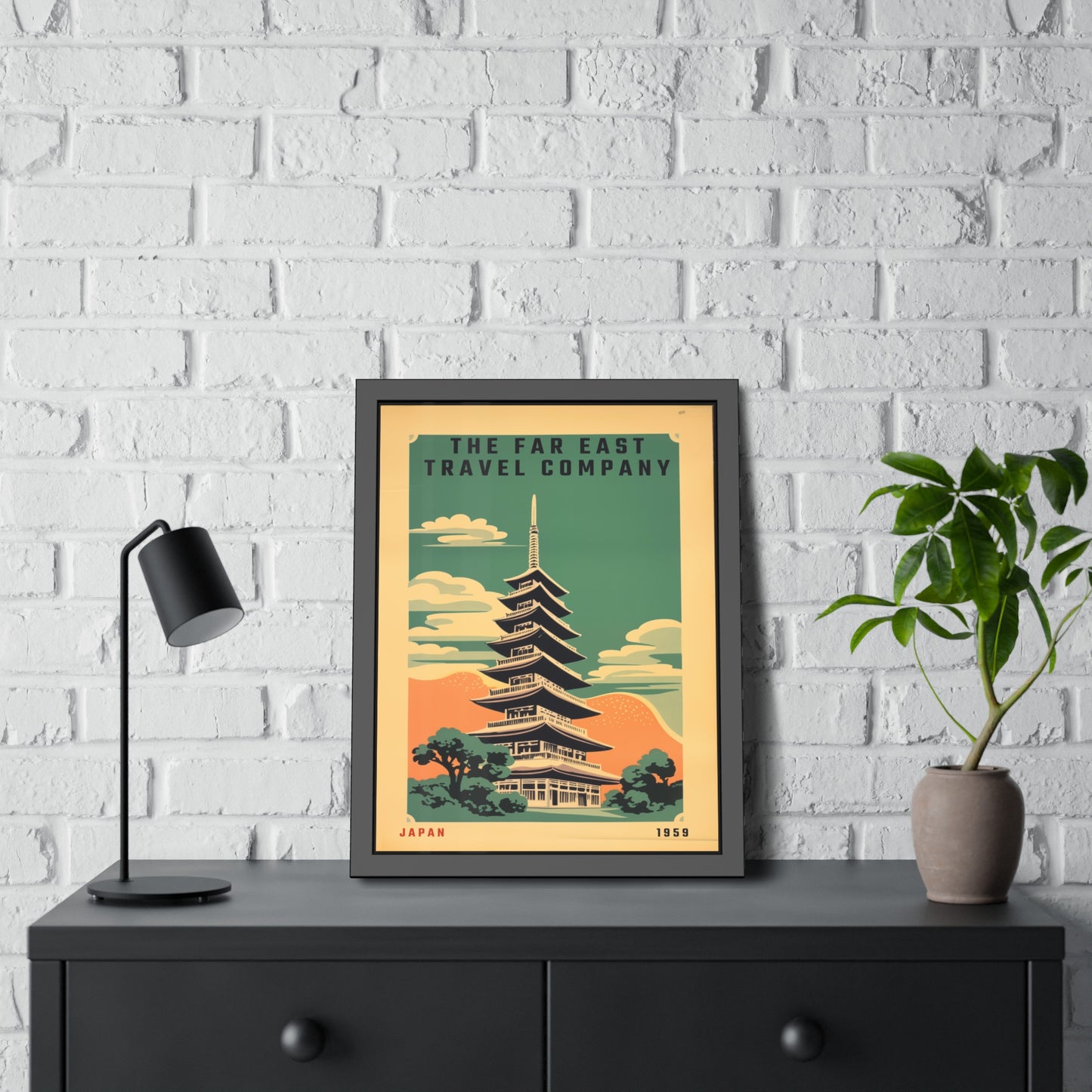Framed Japan Travel Poster — Vintage Far East Pagoda Wall Art
