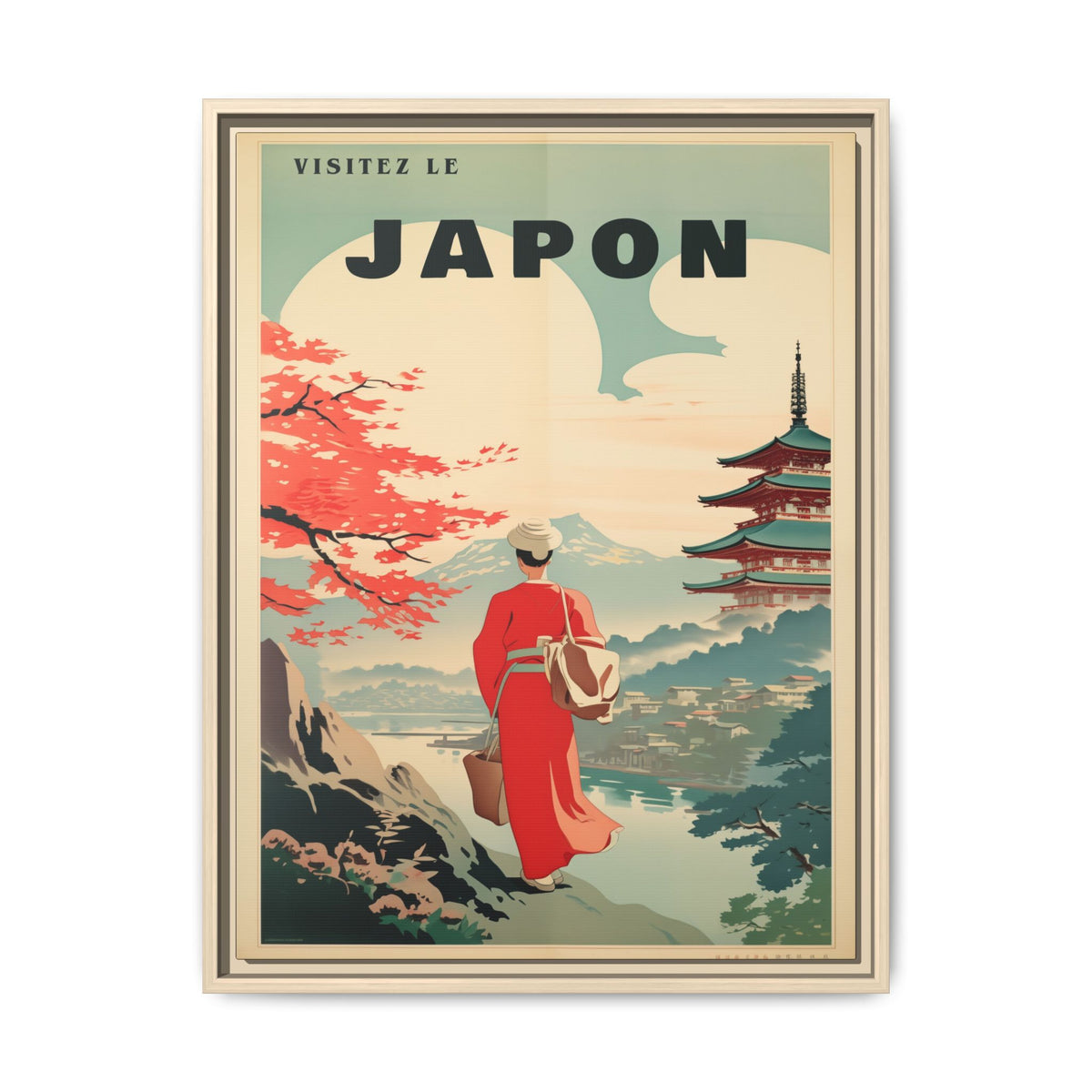 Vintage Visit Japan pagoda and maple artwork, 18 × 24, natural framed canvas, front view
