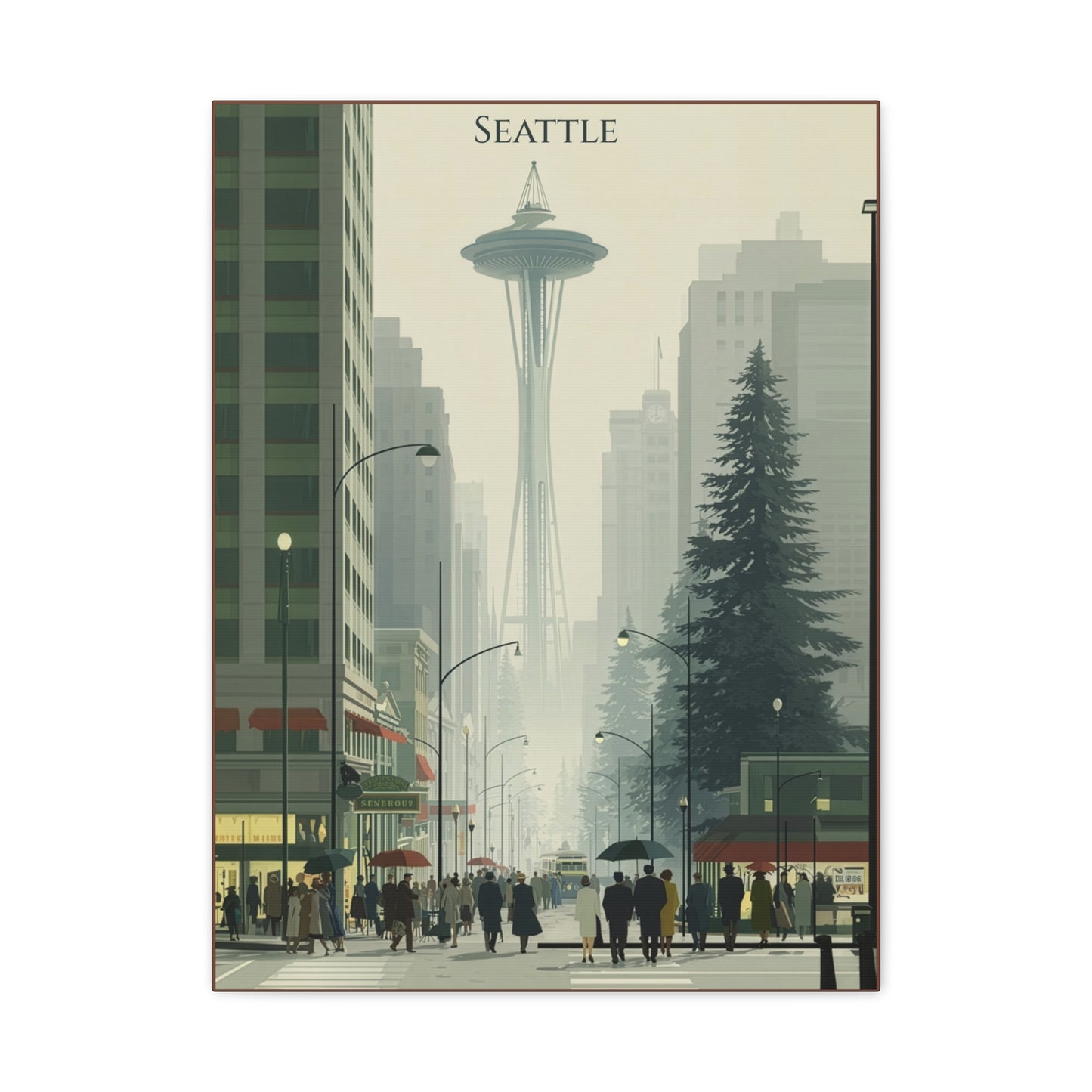 Seattle vintage travel artwork, the Space Needle rising above a misty downtown street lined with evergreens, stretched canvas print