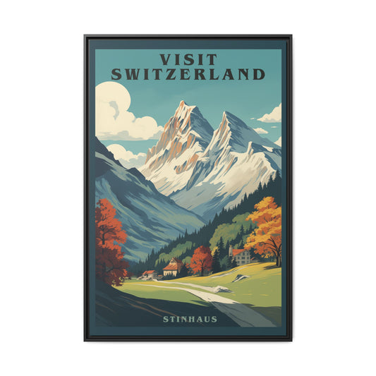 "Visit Switzerland Vintage Poster | Matte Canvas with Black Frame"