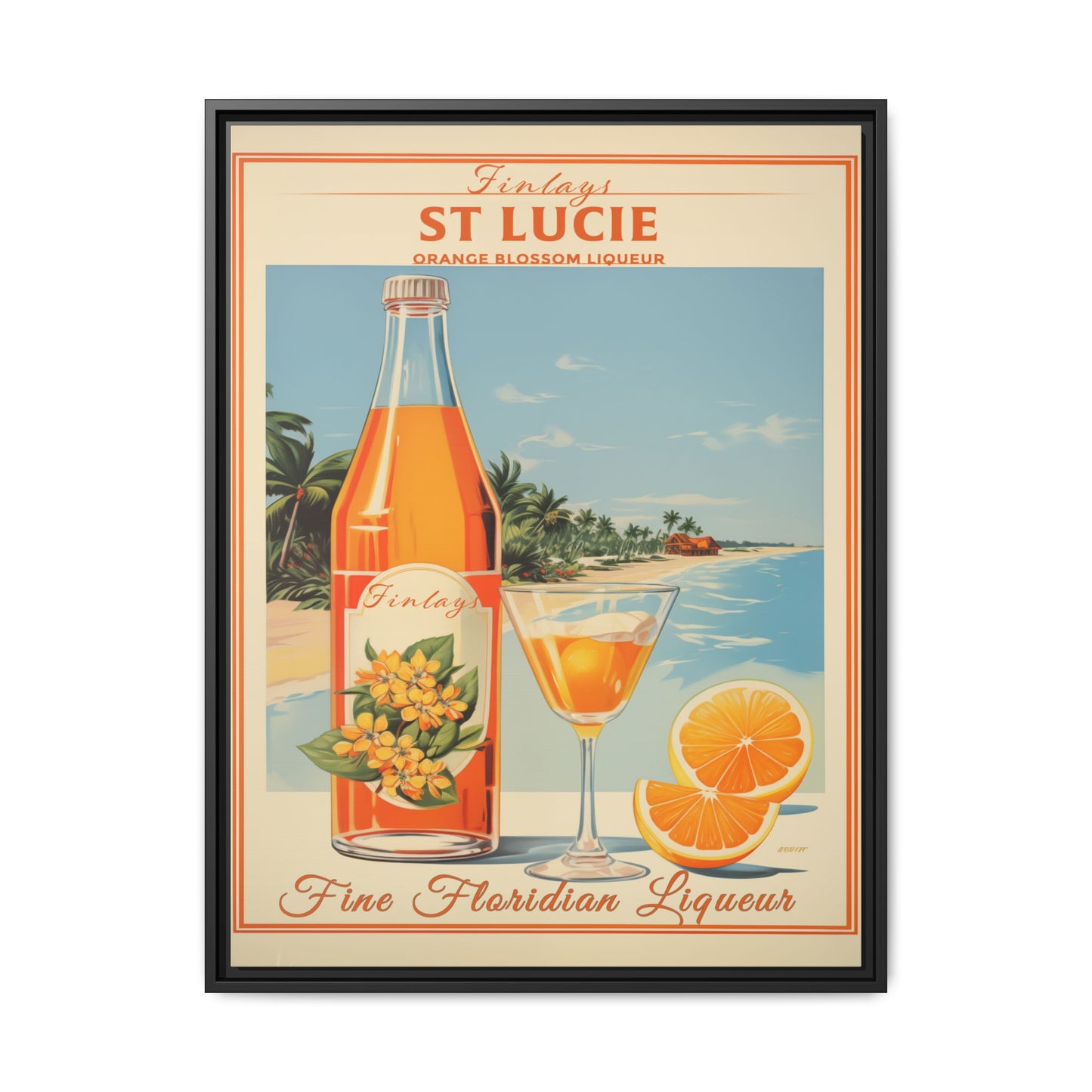 "Finlays St. Lucie Orange Blossom Liqueur Vintage – Florida Coastal Art Print" Matte Canvas, Black Frame