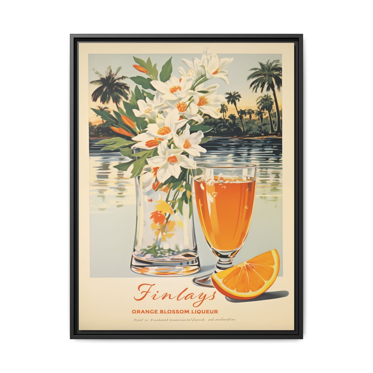 "Finlays Orange Blossom Liqueur Art Print – Tropical Vintage Featuring Florals and Coastal Scenery" Matte Canvas, Black Frame