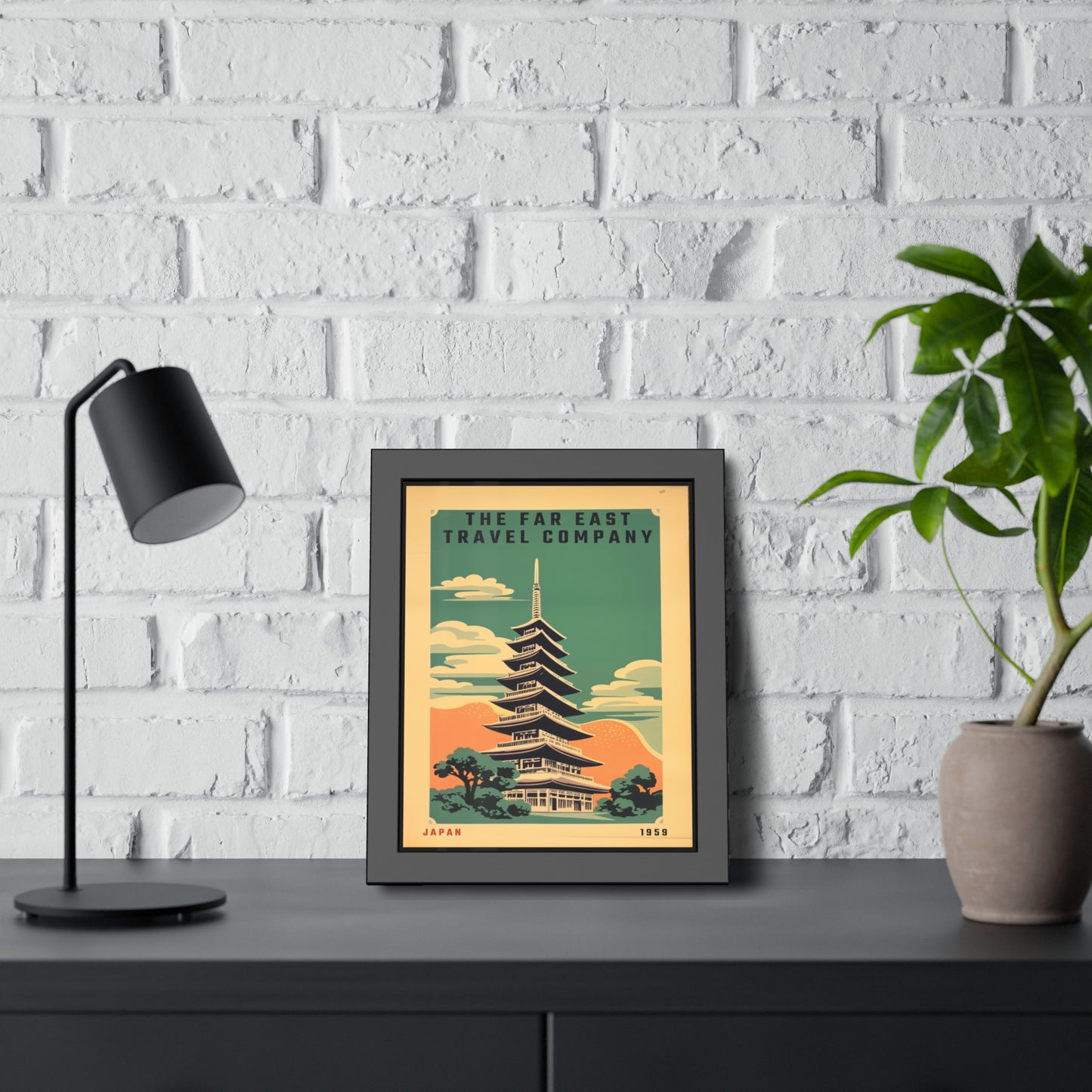 Framed Japan Travel Poster — Vintage Far East Pagoda Wall Art
