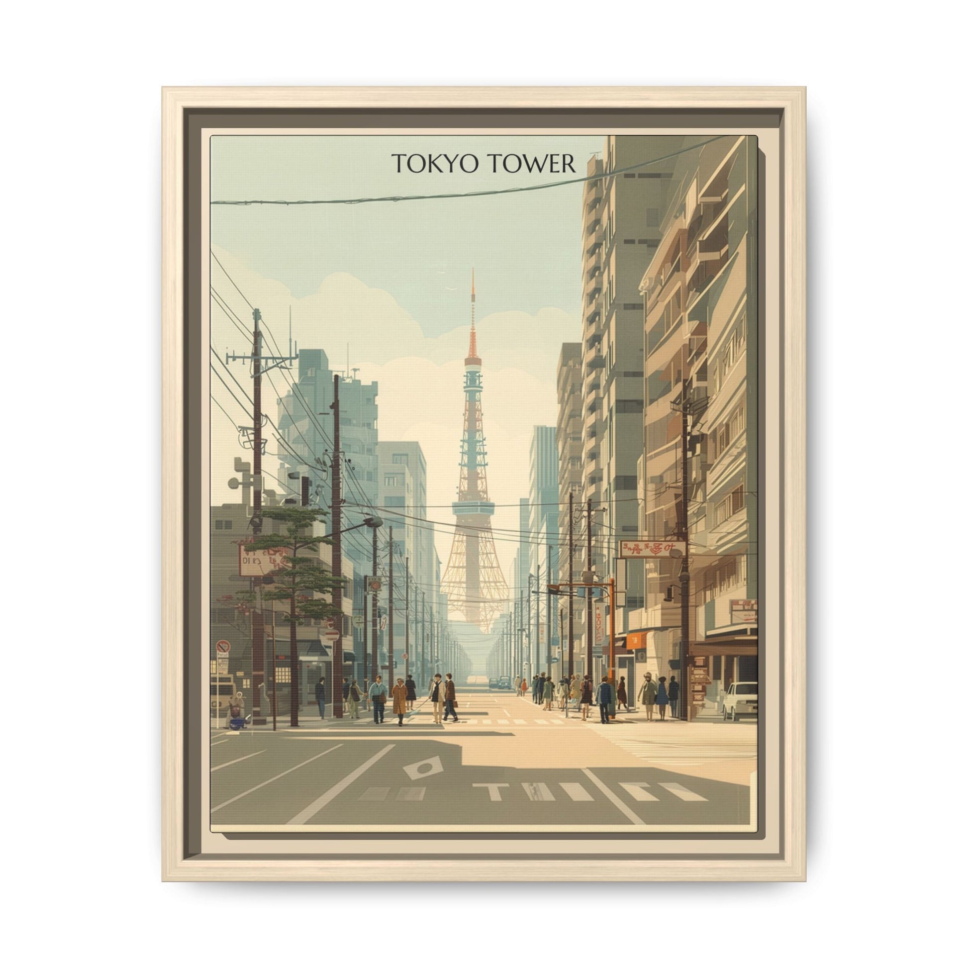 Vintage Tokyo Tower artwork, 11 × 14, natural framed canvas, front view