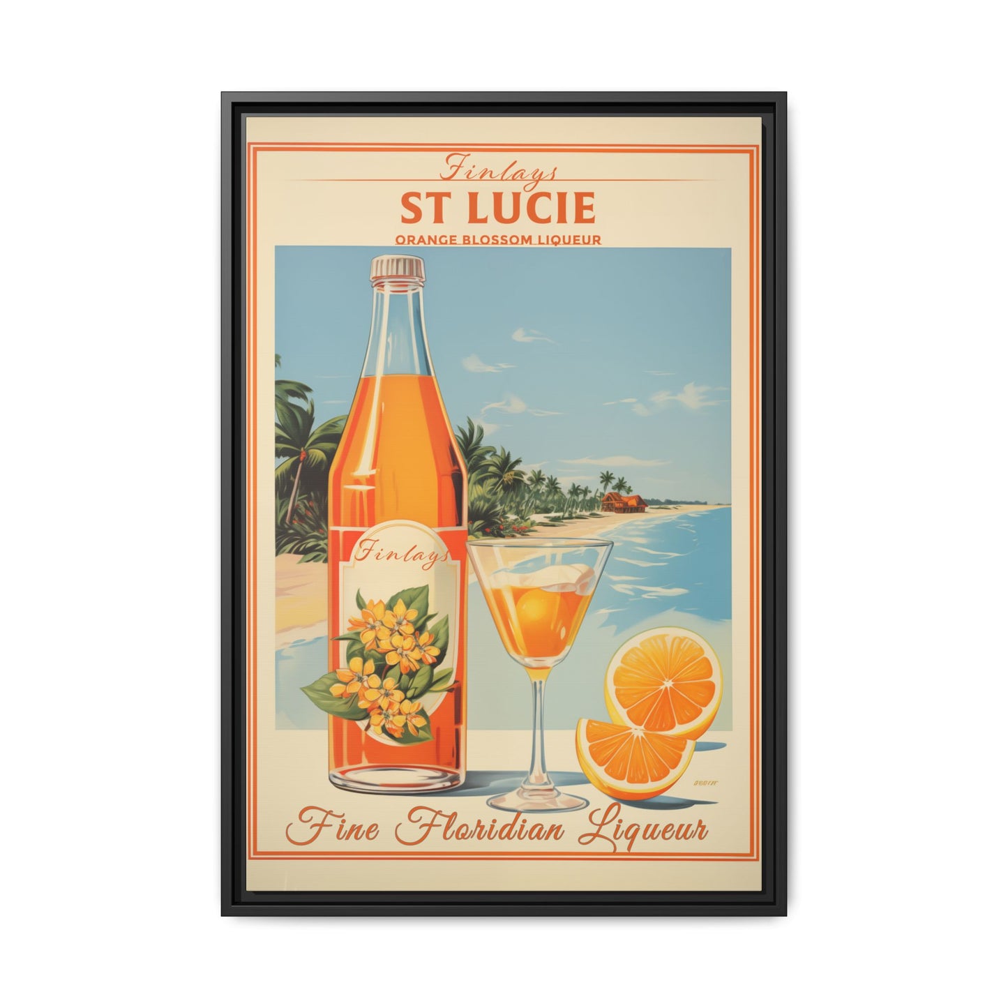 "Finlays St. Lucie Orange Blossom Liqueur Vintage – Florida Coastal Art Print" Matte Canvas, Black Frame