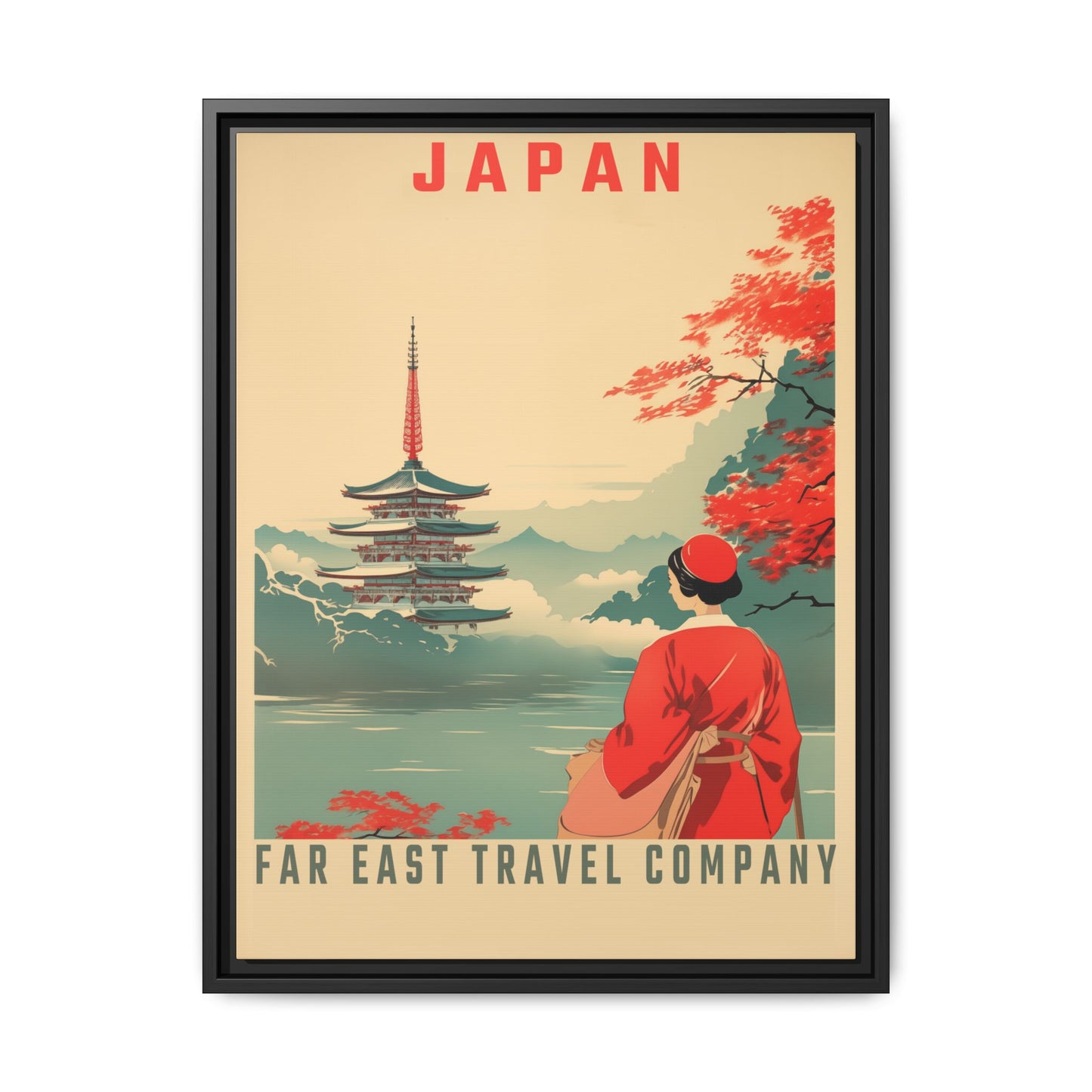 "Vintage Japan Travel Poster - Far East Travel Company Matte Canvas Wall Art with Black Frame" Matte Canvas, Black Frame