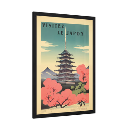 Framed Poster - "Visitez Le Japon" Vintage Travel Art (Cherry Blossom Pagoda)