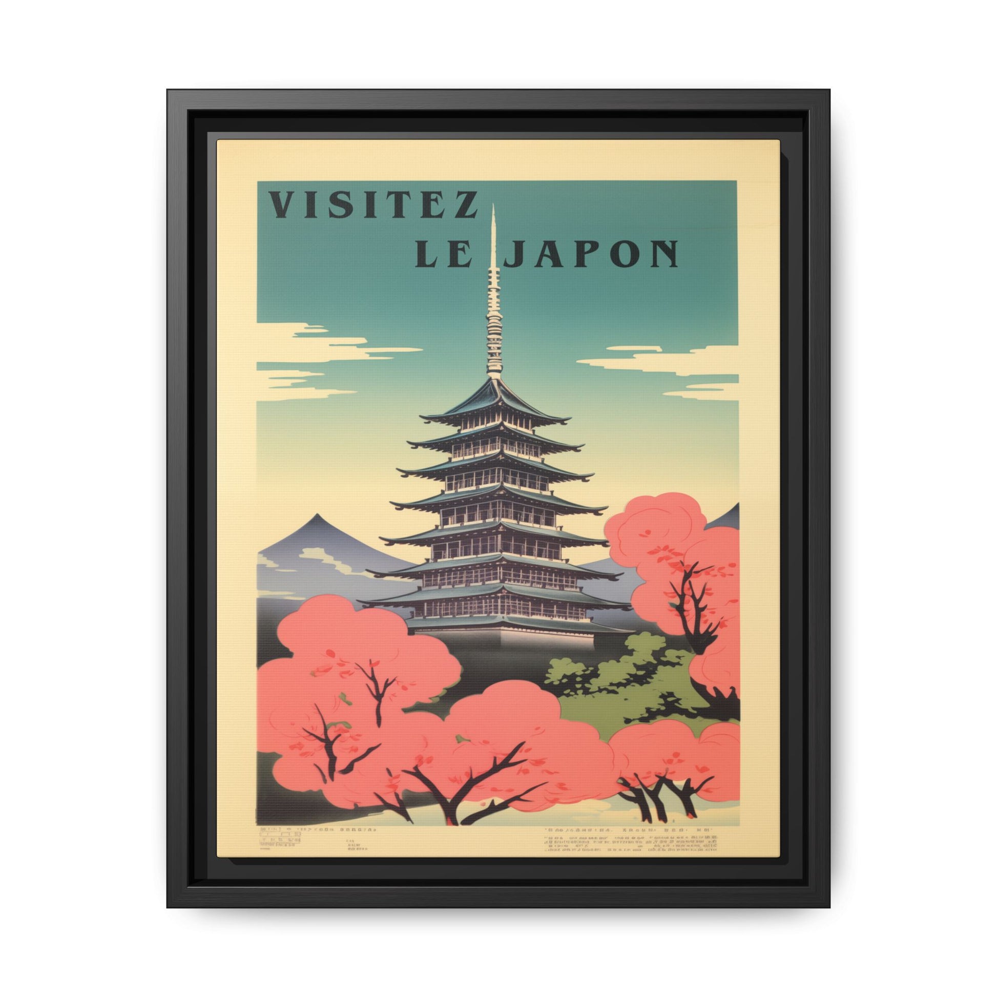 Visitez Le Japon vintage pagoda travel artwork, 11 × 14, black framed canvas, front view