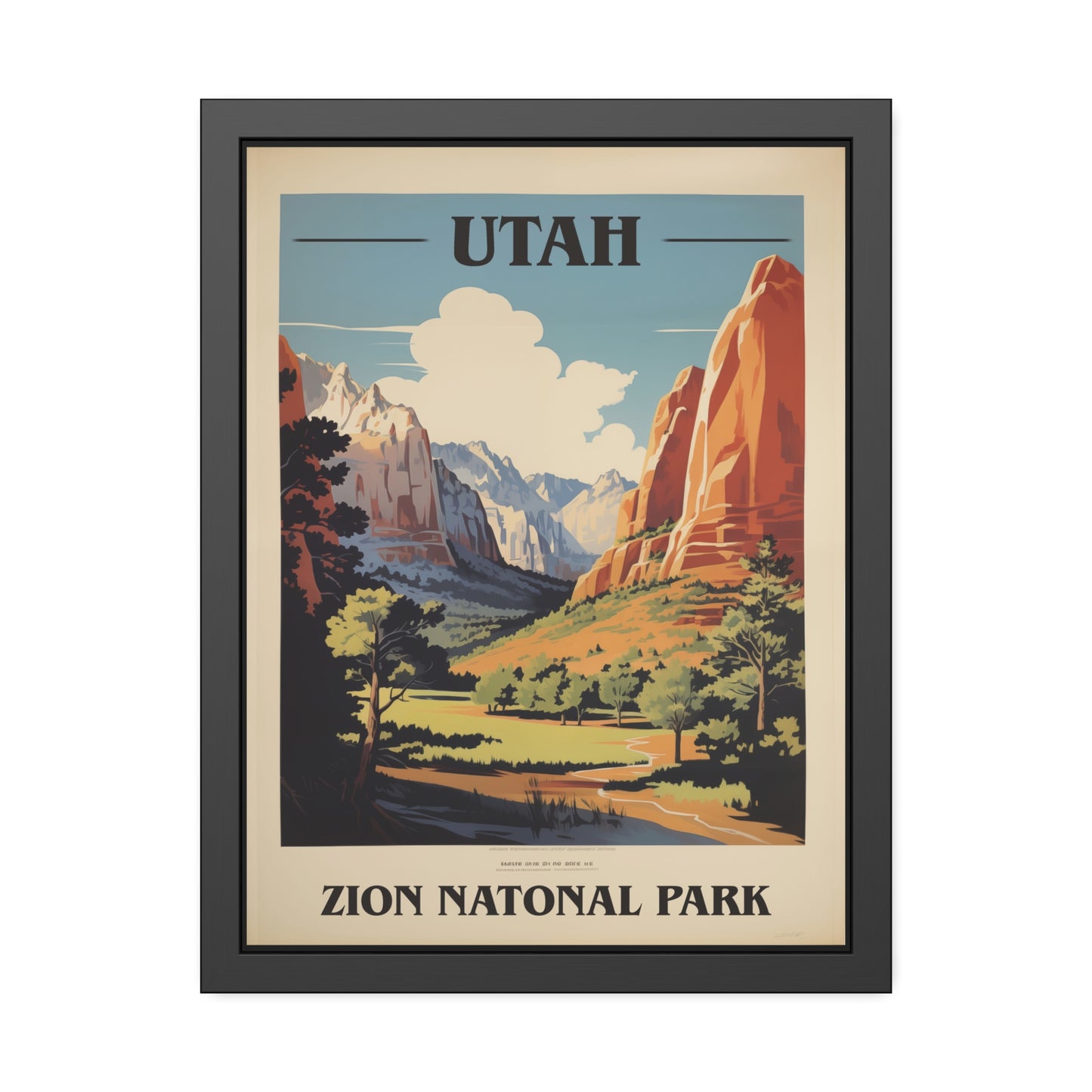Vintage Utah Zion National Park travel framed art print, black frame, 18 by 24 inch