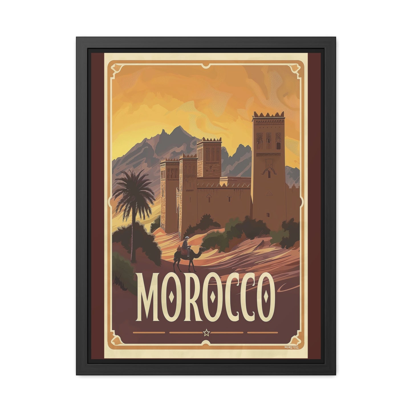 Vintage Morocco Travel Poster — “Golden Desert Evenings” | Framed Wall Art by Vintageanna