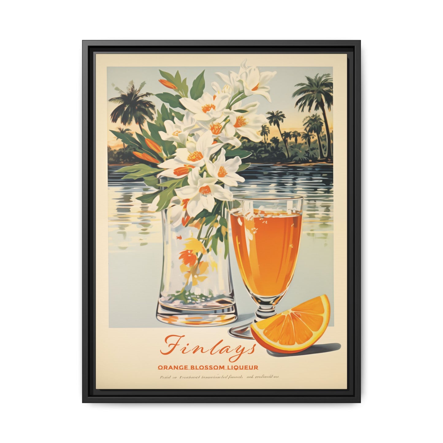 "Finlays Orange Blossom Liqueur Art Print – Tropical Vintage Featuring Florals and Coastal Scenery" Matte Canvas, Black Frame