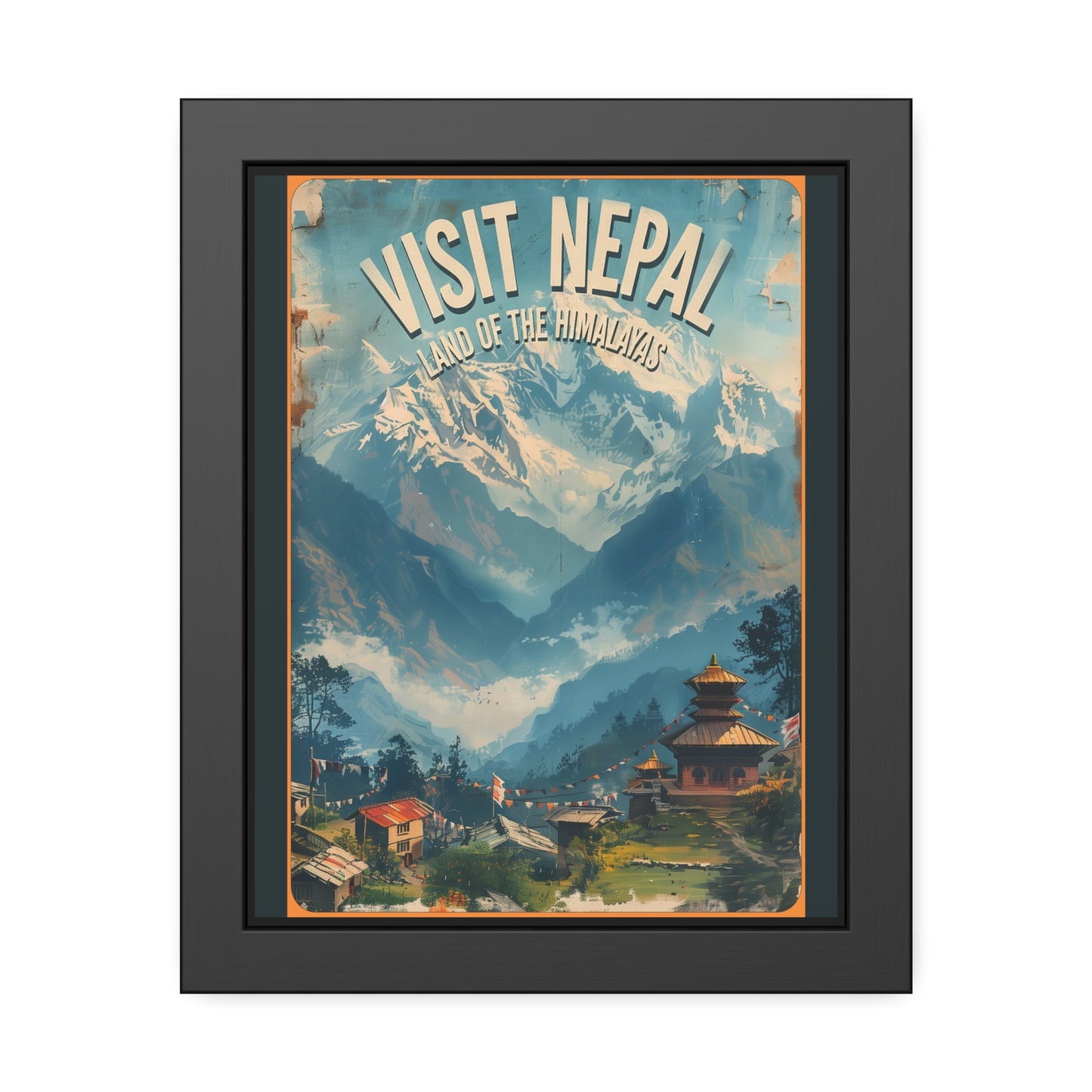 Visit Nepal vintage travel artwork, Himalayan mountains with village pagoda, framed paper poster