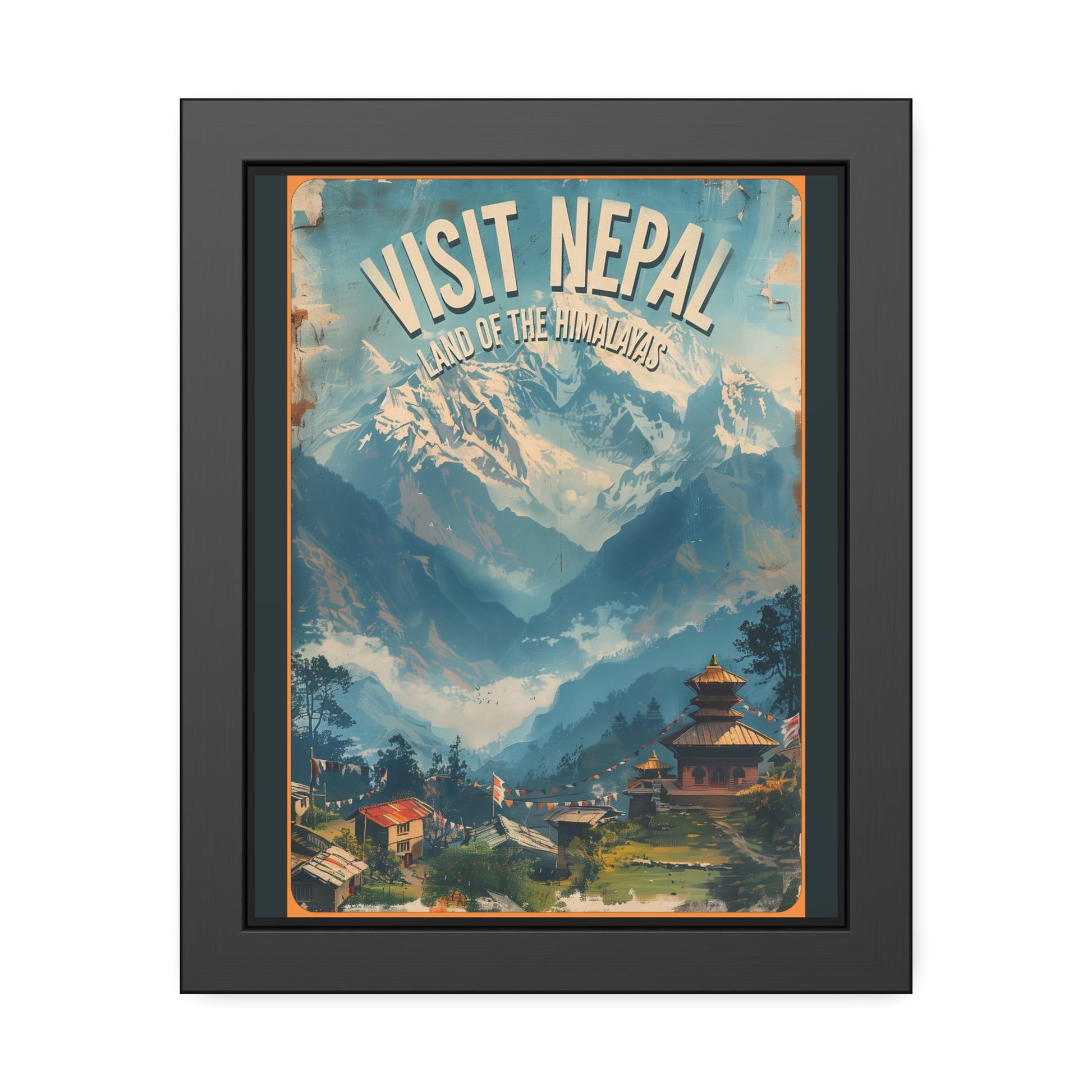 Visit Nepal vintage travel artwork, Himalayan mountains with village pagoda, framed paper poster