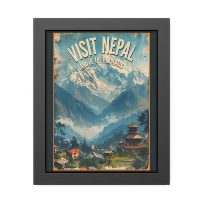 Visit Nepal vintage travel artwork, Himalayan mountains with village pagoda, framed paper poster