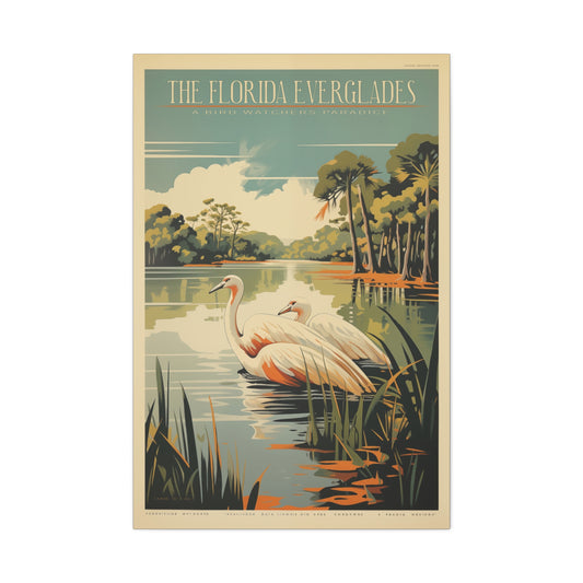 "Vintage Florida Everglades Flamingo Poster - Matte Stretched Canvas Wall Art" Matte Canvas, Stretched, 1.25"