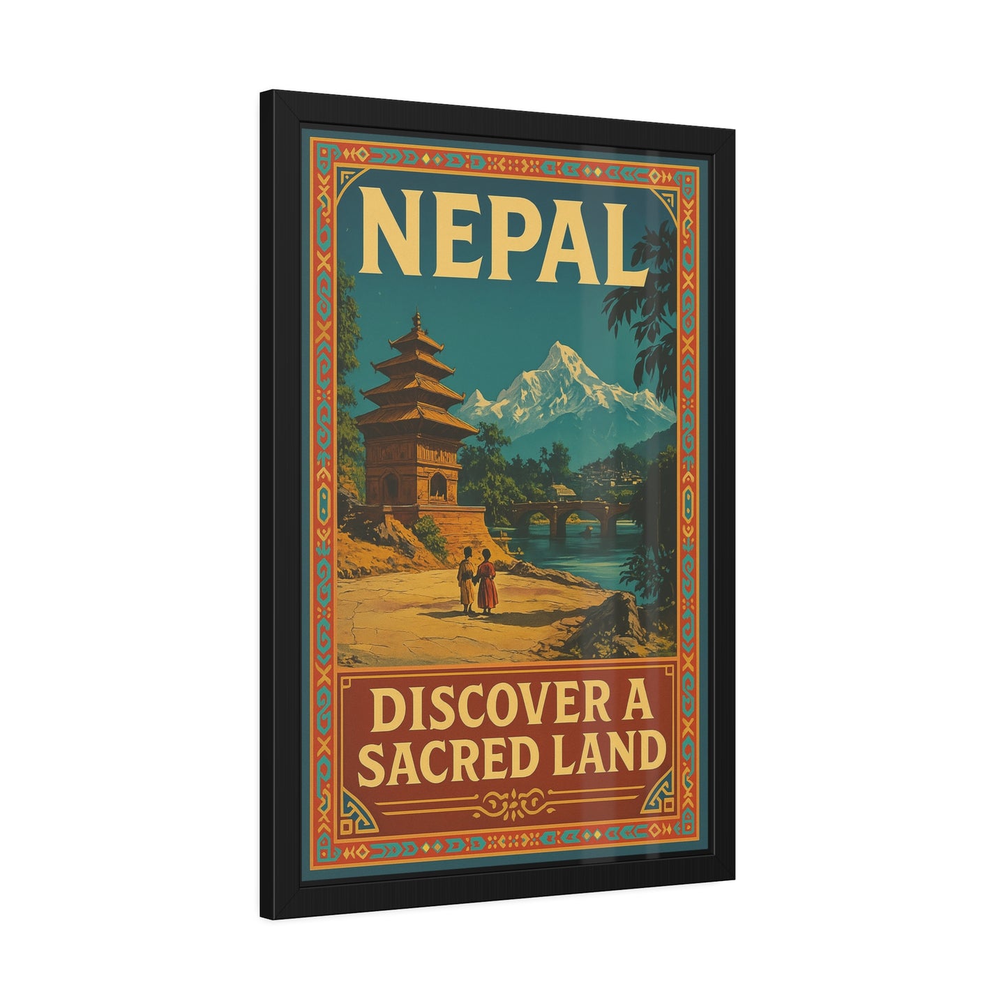 Framed Nepal Travel Poster — "Discover a Sacred Land" Vintage Wall Art