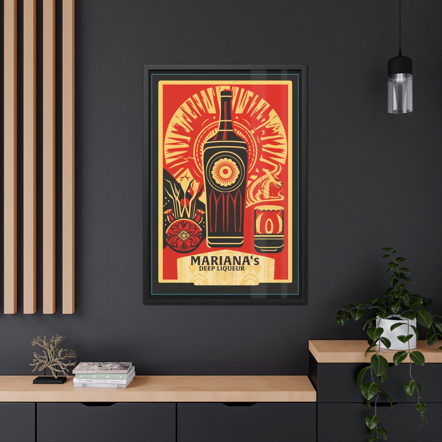 Mariana's Deep Liqueur Poster - Vibrant Art Deco Design with Tropical Flair Framed Posters