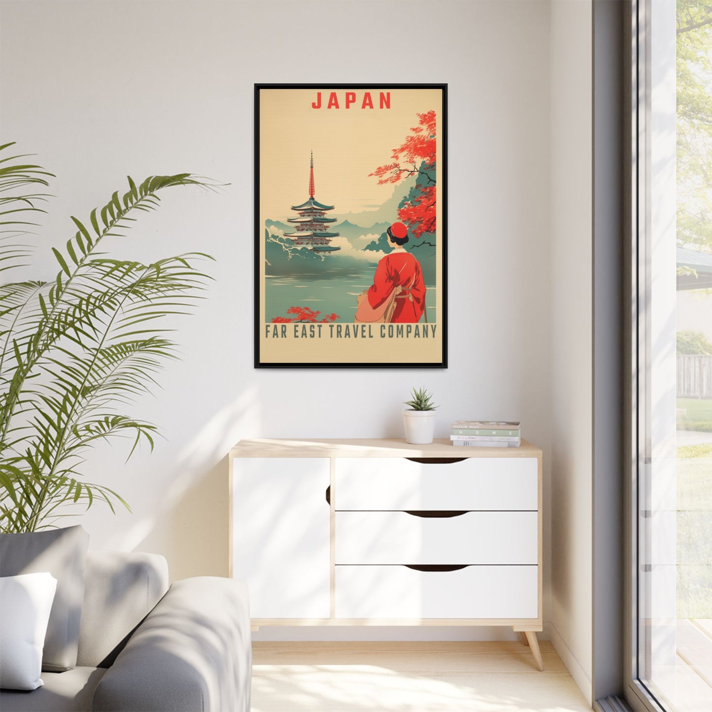 "Vintage Japan Travel Poster - Far East Travel Company Matte Canvas Wall Art with Black Frame" Matte Canvas, Black Frame