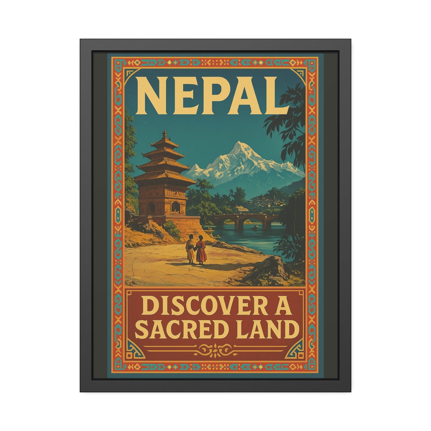 Framed Nepal Travel Poster — "Discover a Sacred Land" Vintage Wall Art