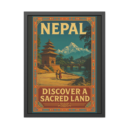 Framed Nepal Travel Poster — "Discover a Sacred Land" Vintage Wall Art