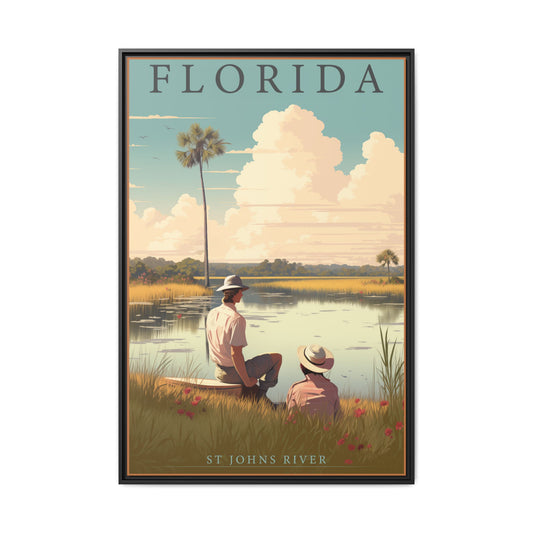 "Vintage Florida Scenic Poster - St. Johns River Matte Canvas Wall Art with Black Frame" Matte Canvas, Black Frame