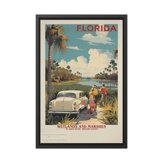 Vintage Florida Wetlands and Marshes Retro Wall Art – Vintage Travel Poster with Wooden Frame