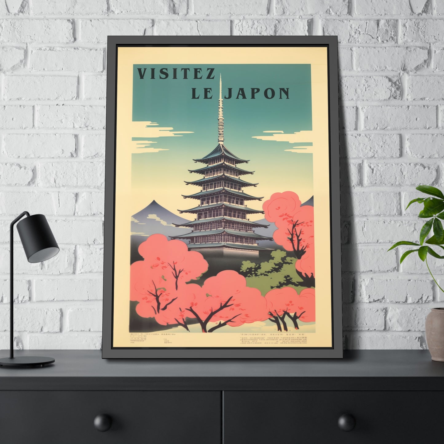 Framed Poster - "Visitez Le Japon" Vintage Travel Art (Cherry Blossom Pagoda)