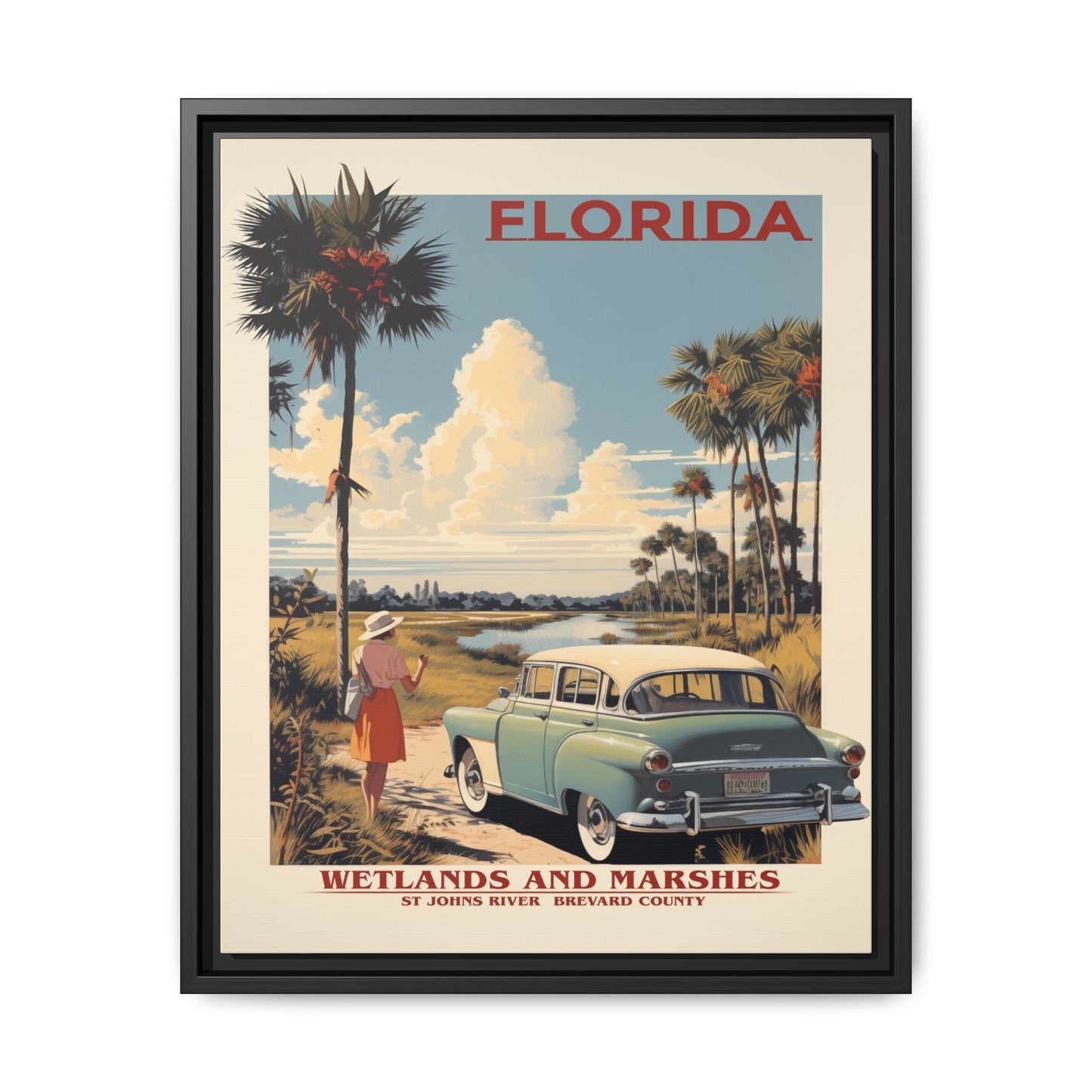 "Vintage Florida Wetlands and Marshes Poster - St. Johns River Brevard County Matte Canvas Wall Art with Black Frame" Matte Canvas, Black Frame