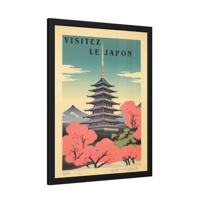 Framed Poster - "Visitez Le Japon" Vintage Travel Art (Cherry Blossom Pagoda)