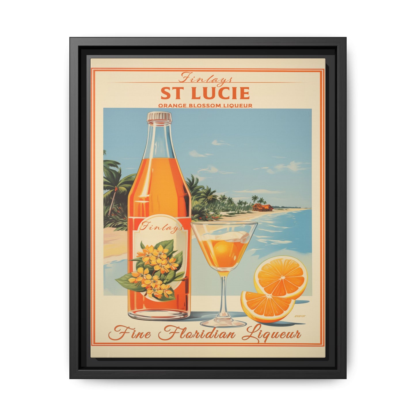 "Finlays St. Lucie Orange Blossom Liqueur Vintage – Florida Coastal Art Print" Matte Canvas, Black Frame