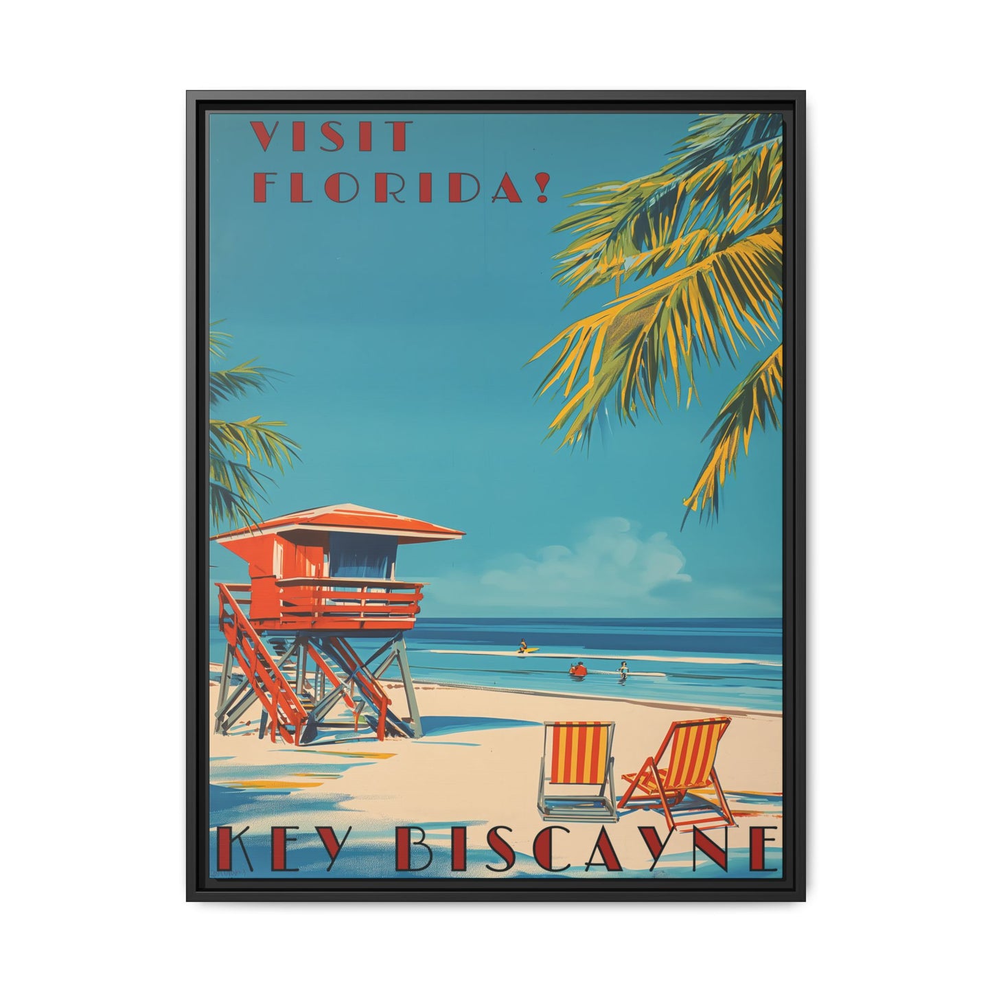 "Key Biscayne Beach Vintage – Classic Florida Coastal Art Print" Matte Canvas, Black Frame