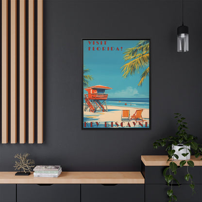 "Key Biscayne Beach Vintage – Classic Florida Coastal Art Print" Matte Canvas, Black Frame