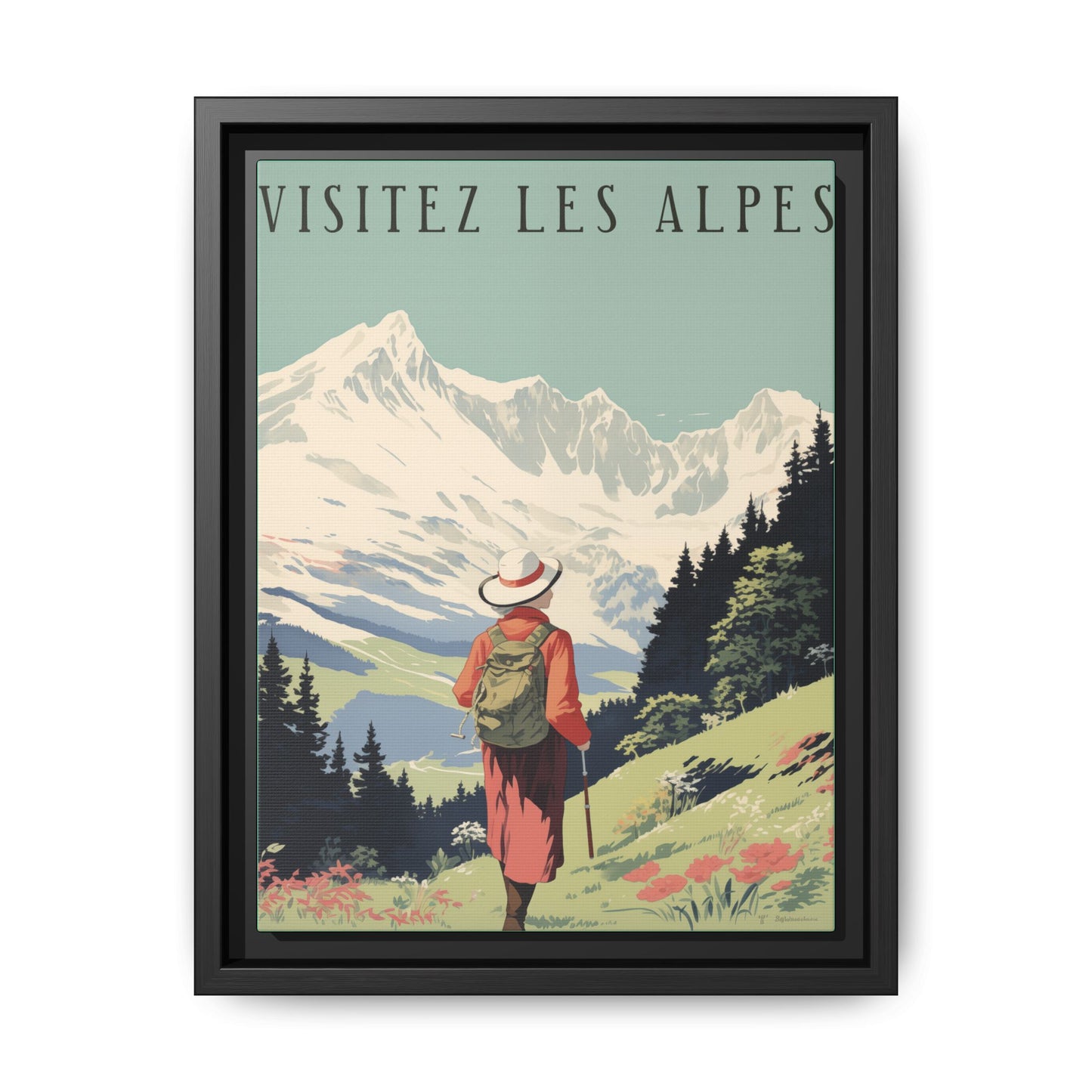 "Visitez Les Alpes(Visit the Alps French) Vintage Travel Poster | Matte Canvas with Black Frame"