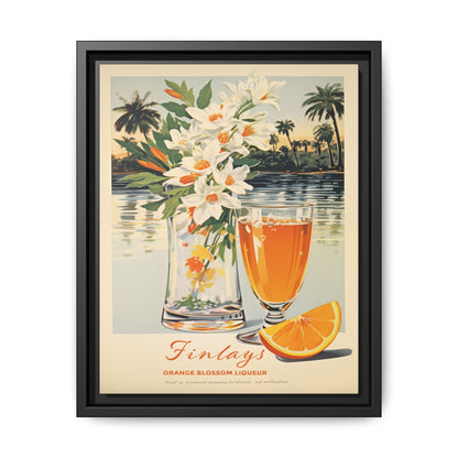 "Finlays Orange Blossom Liqueur Art Print – Tropical Vintage Featuring Florals and Coastal Scenery" Matte Canvas, Black Frame